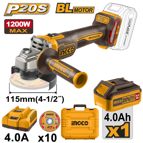 ESMERILHADEIRA ANGULAR BRUSHLESS INDUSTRIAL 4.1/2" 1200W À BATERIA 20V INGCO C/ BAT 4.0A.h CAGLI2211531-9