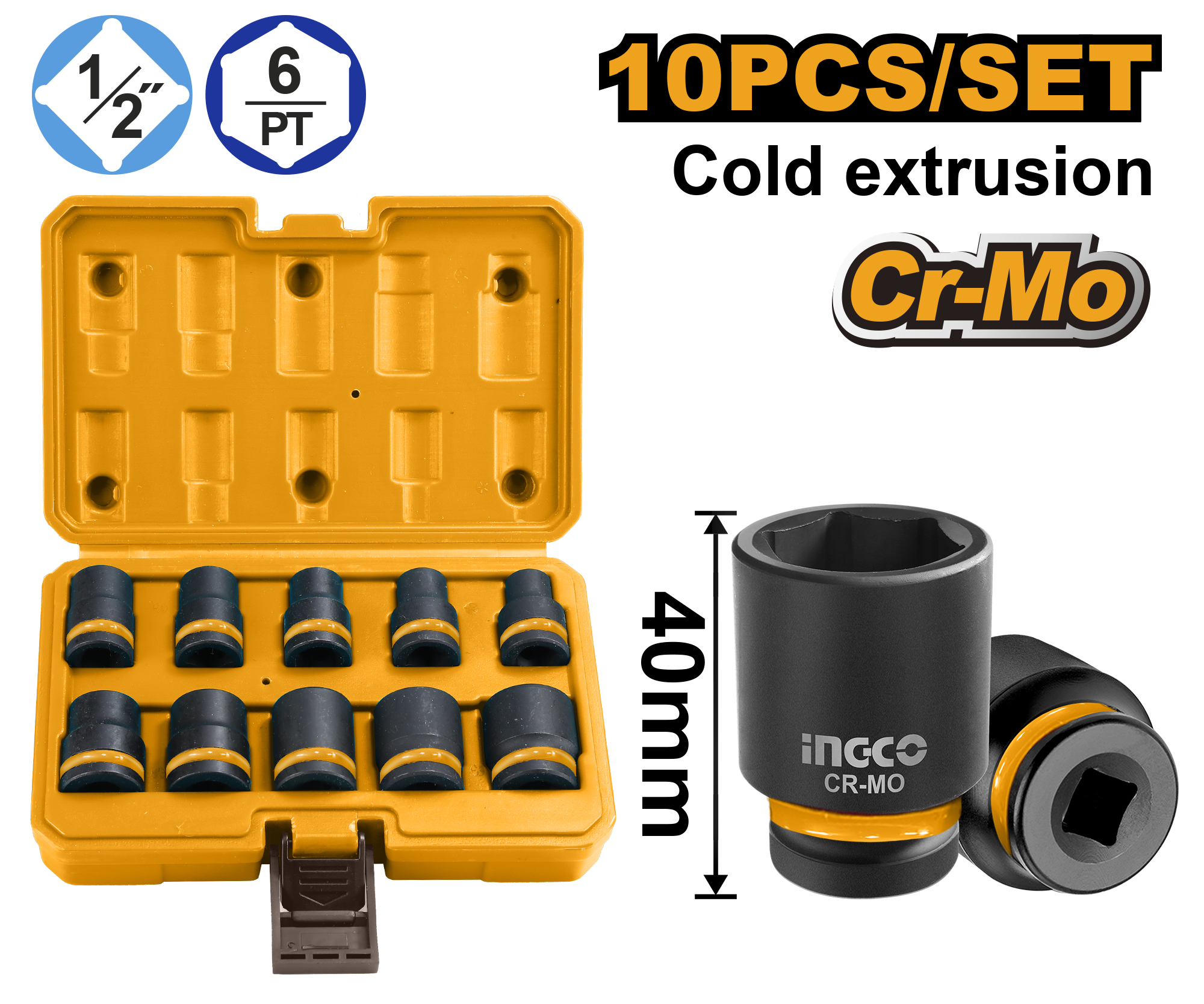 Jogo Soquete Impacto 1/2" C/10pc Ingco HKISSD12101