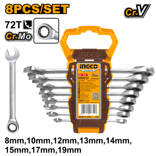 Jogo De Chaves Combinadas Com Catraca 8 A 19mm C/8 Pc Ingco HKSPAR1082