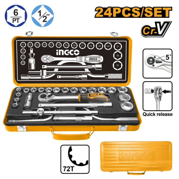 Jogo De Soquetes Com Encaixe De 1/2" C/24 Pc Ingco HKTS0243