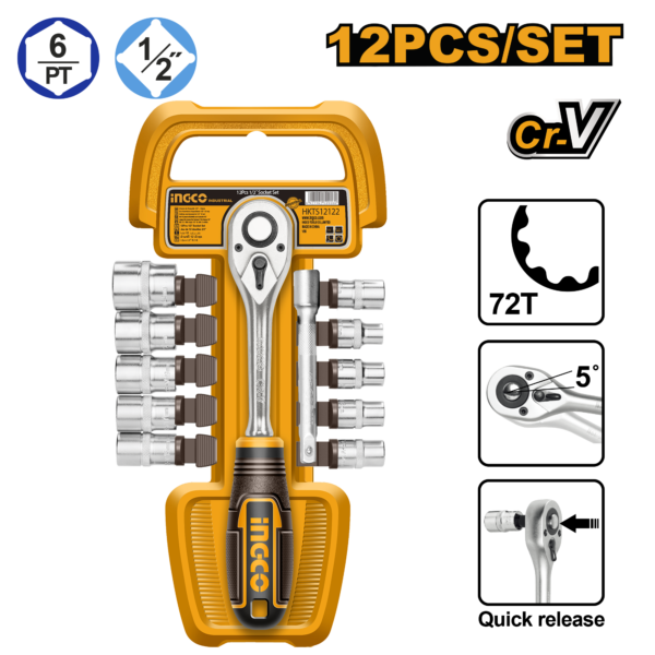 Jogo De Soquetes Com Chave Catraca 1/2” Com 12 Pc Ingco HKTS12122