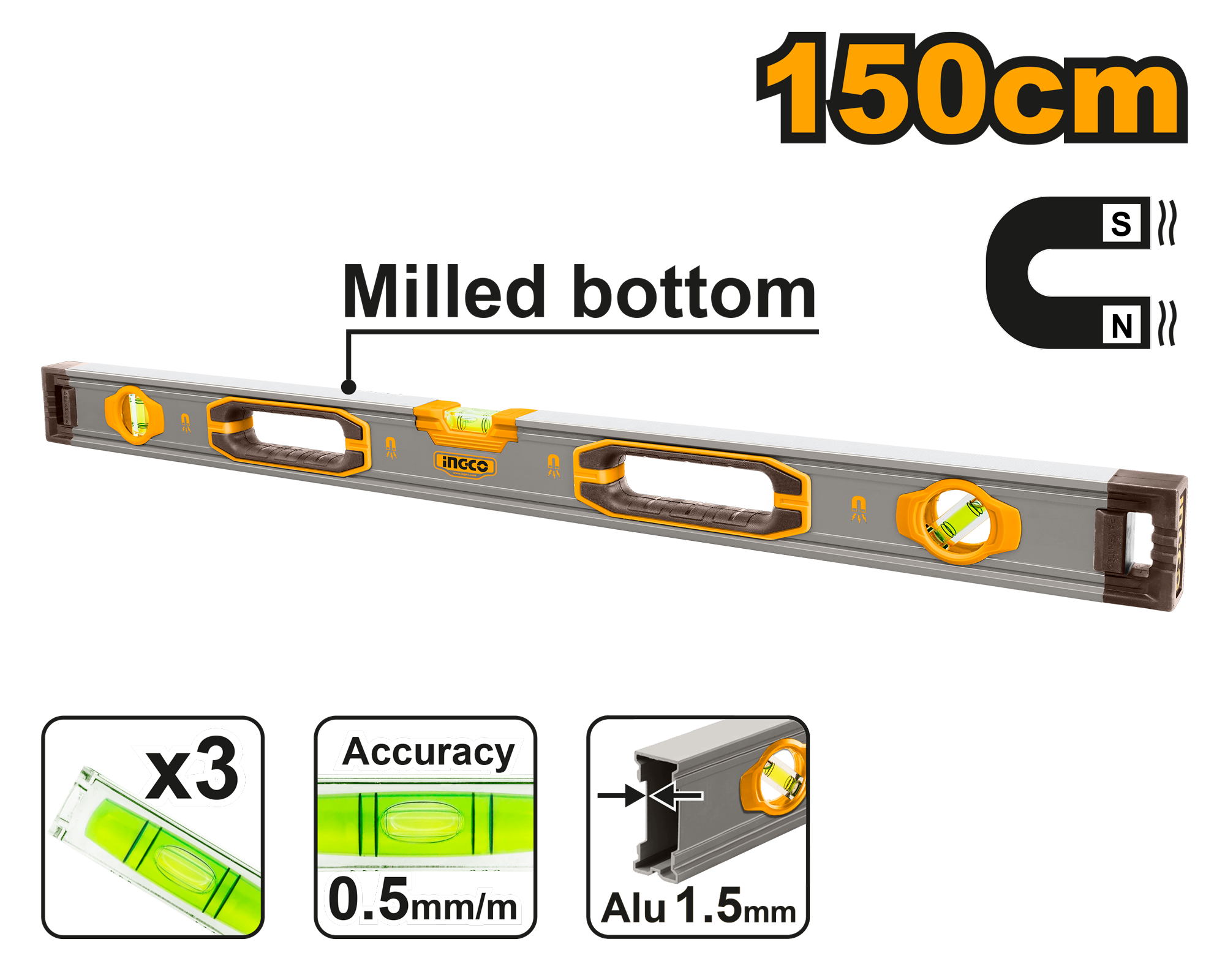 Nível Magnético De Alumínio Profissional 150cm Ingco HSL38150M