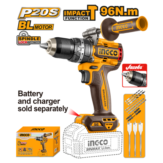 PARAFUSADEIRA E FURADEIRA COM IMPACTO 1/2” 96.m ÍON-LÍTIO 20V + CONJUNTO DE BROCAS CHATAS INGCO CIDLI209685 (NÃO ACOMPANHA BATERIA)