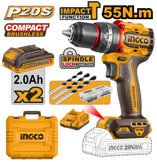 "PARAFUSADEIRA E FURADEIRA COM IMPACTO 1/2” 55N.m À BATERIA ÍON-LÍTIO 20V C/2 BAT 2.0Ah INGCO CIDLI20558-9
