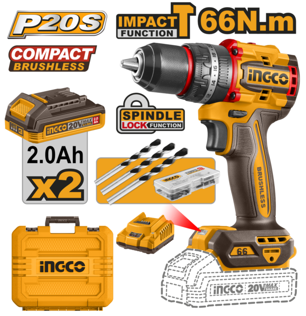 PARAFUSADEIRA E FURADEIRA COM IMPACTO 1/2” 66N.m À BATERIA ÍON-LÍTIO 20V C/2 BAT 2.0Ah INGCO CIDLI20668-9