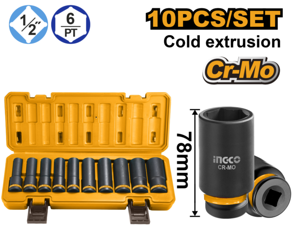 JOGO SOQUETE IMPACTO 1/2" LONGO 78MM C/10PC INGCO HKISSD12102L
