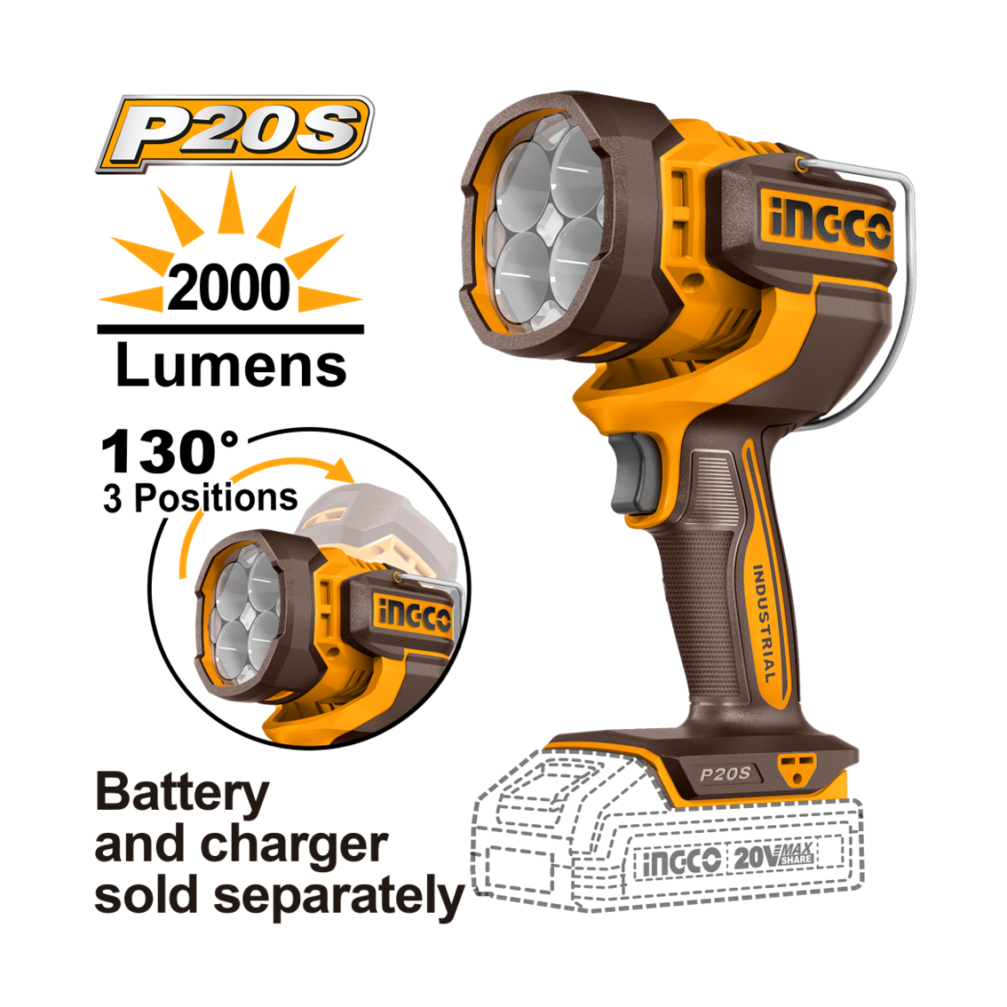 LANTERNA DE TRABALHO 2000 LUMENS À BATERIA ÍON-LÍTIO 20V INGCO (NÃO ACOMPANHA BATERIA) CWLI2088