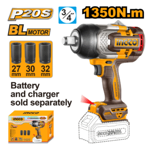 CHAVE DE IMPACTO ENCAIXE SEXTAVADO 3/4” 1350N.m À BATERIA ÍON-LÍTIO 20V INGCO  (NÃO ACOMPANHA BATERIA) CIWLI201351