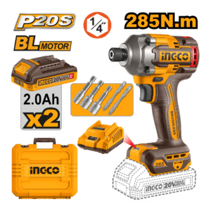 CHAVE DE IMPACTO ENCAIXE SEXTAVADO 1/4” 285N.m À BATERIA ÍON-LÍTIO 20V C/2 BAT 2.0Ah INGCO CIRLI2028-9