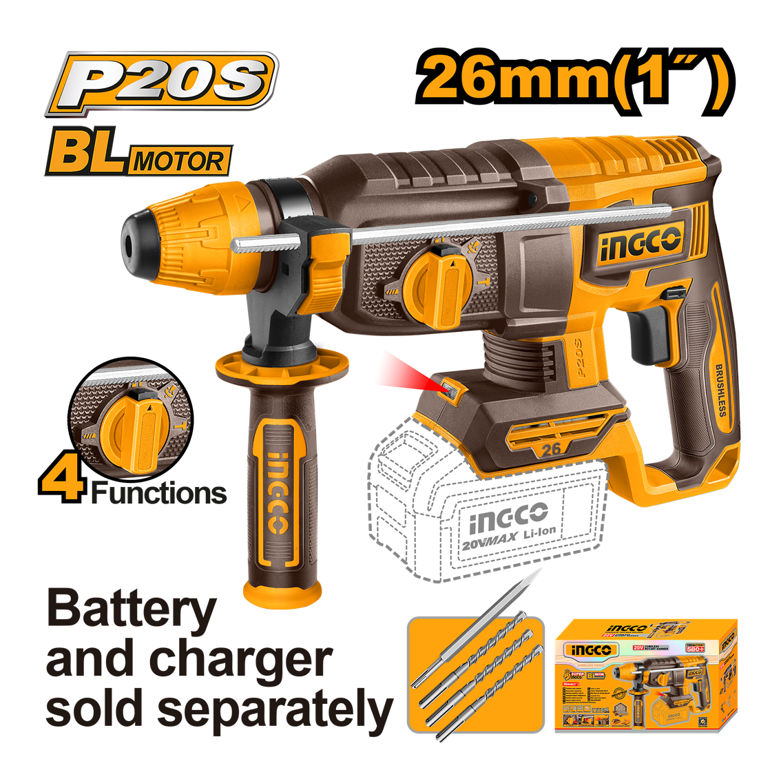 MARTELETE ROTATIVO BRUSHLESS 2‚5J SDS PLUS À BATERIA 20V INGCO (NÃO ACOMPANHA BATERIA) CRHLI20268