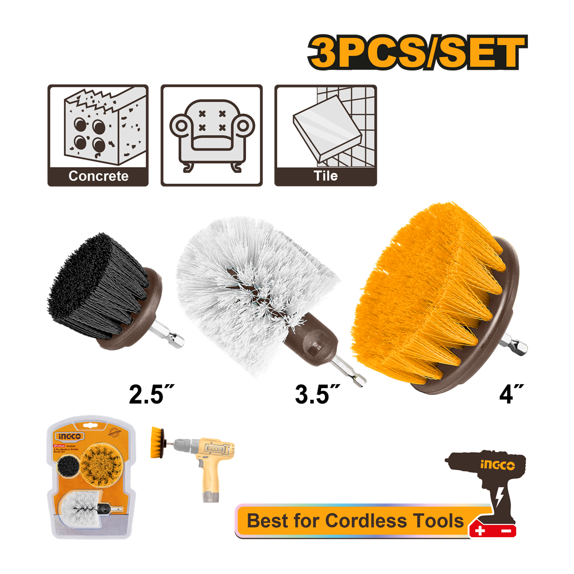 JOGO ESCOVAS DE LIMPEZA HASTE 1/4" C/3PC INGCO WCB0301