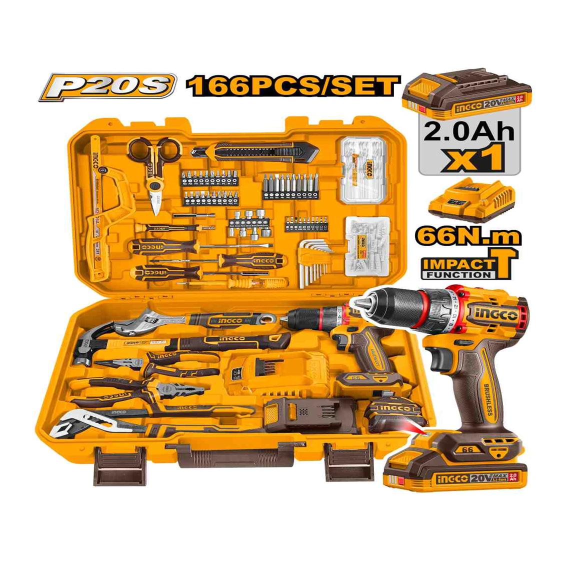KIT 166 FERRAMENTAS C/PARAFUSADEIRA 66N.m C/1 BAT 2.0Ah INGCO HKTHP41662-9