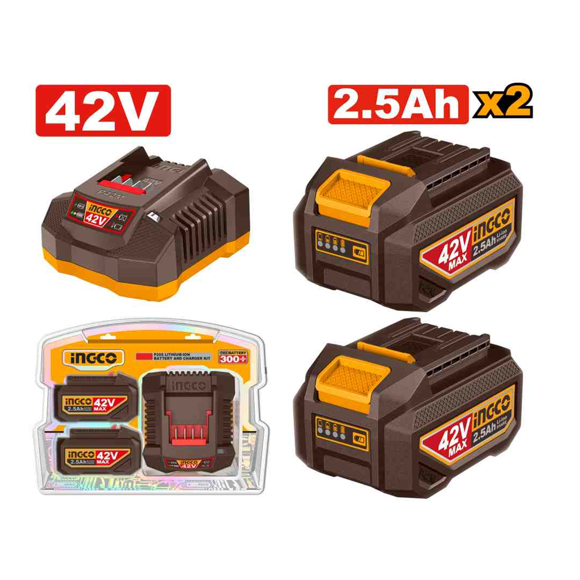 KIT CARREGADOR + 2 BAT 2.5Ah 42v BIVOLT INGCO FBCPM25221