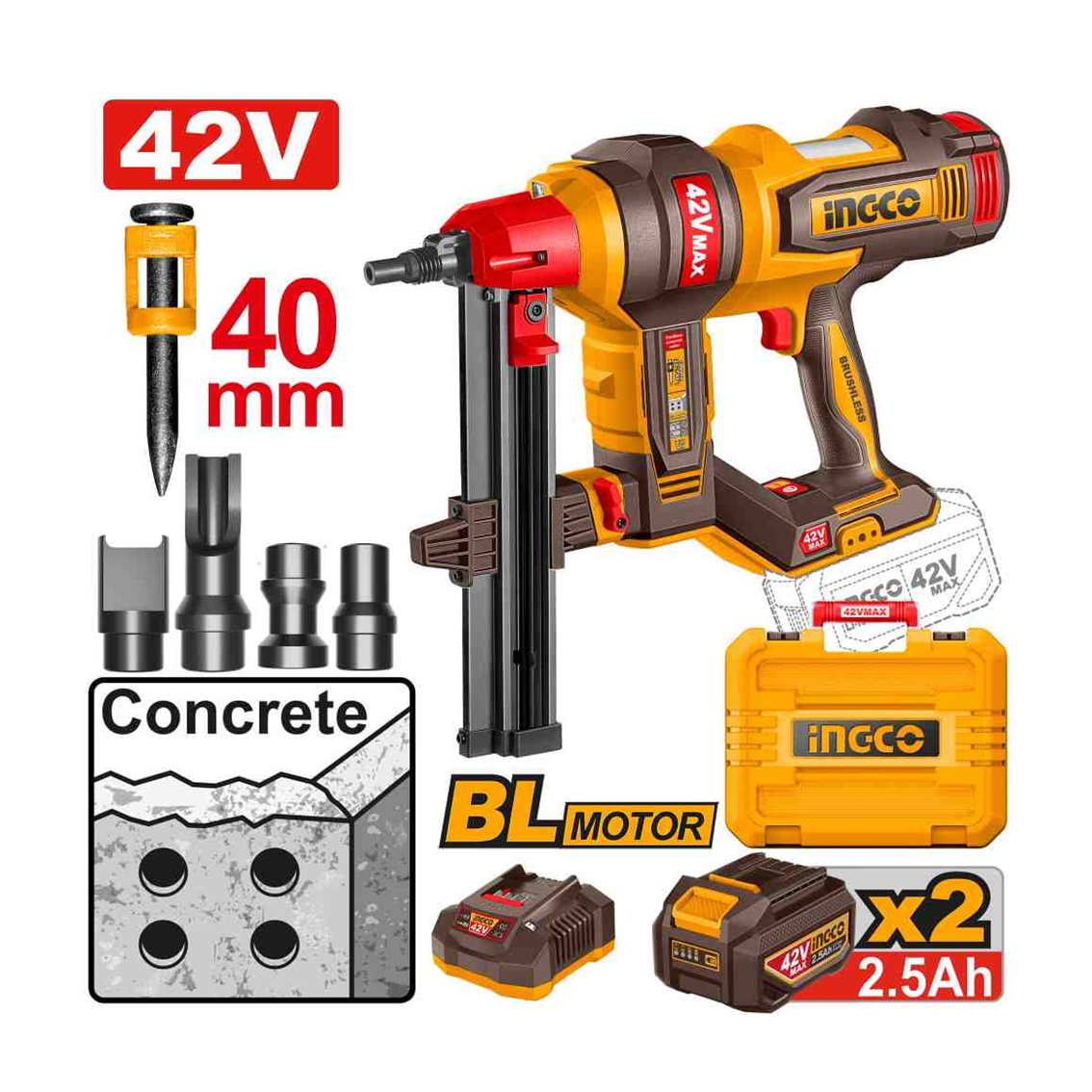 PINADOR P/CONCRETO BRUSHLESS INDUSTRIAL À BATERIA 42V INGCO C/2 BAT 2.5A.h INGCO CCNLI420602