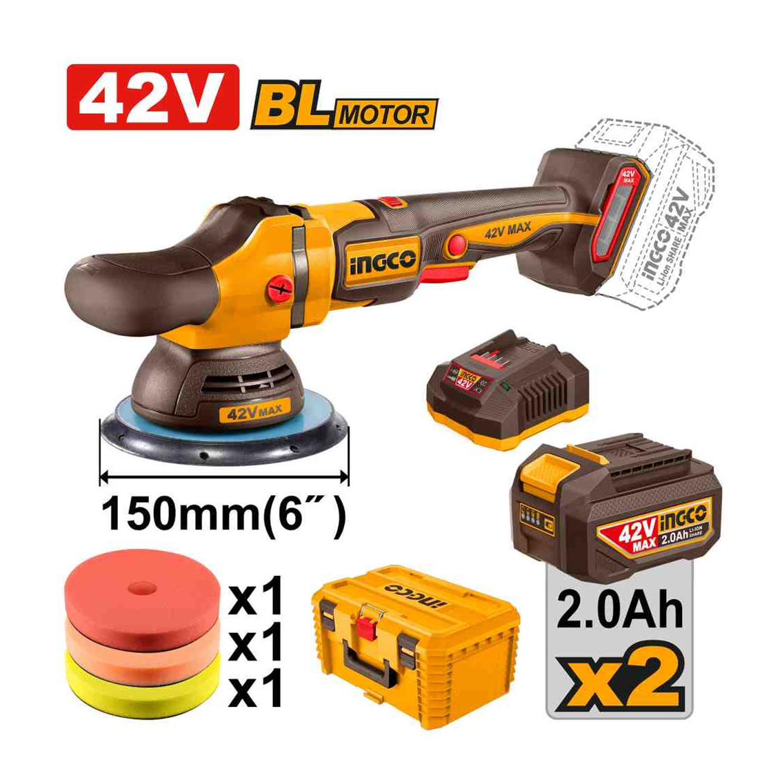 POLITRIZ ROTO ORBITAL BRUSHLESS INDUSTRIAL 150MM À BATERIA 42V INGCO C/2 BAT 2.0A.h INGCO APLI42152